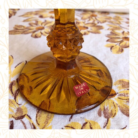 Vintage Italian Glass Amber Diamond Point Ruffled Compote Pedestal Bowl - Picture 4 of 4